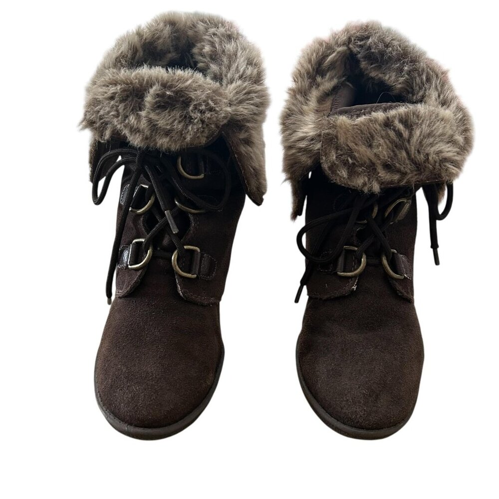 Bjornal Boots Womens Size 8.5 Brown Faux Fur Wedge Lace Up Leather Upper Winter - Picture 2 of 11
